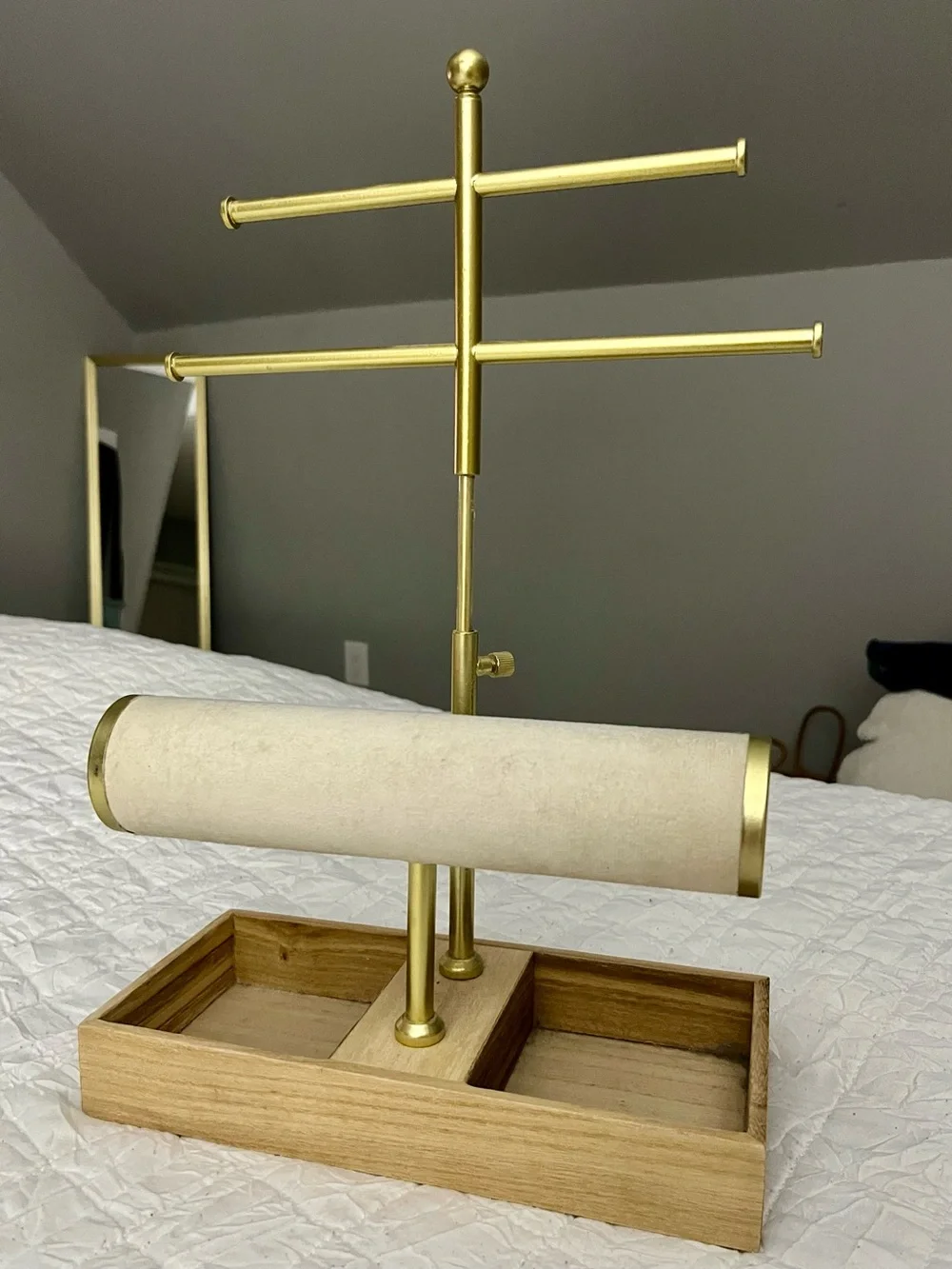 Gold Jewelry Stand with Wood Base